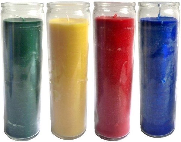 Solid-colored candles in glass