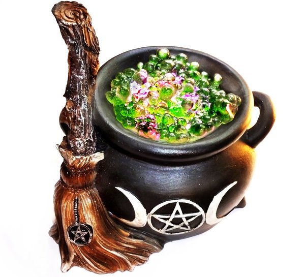 Cauldron with witch's broom with LED lighting