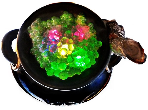 Cauldron with witch's broom with LED lighting